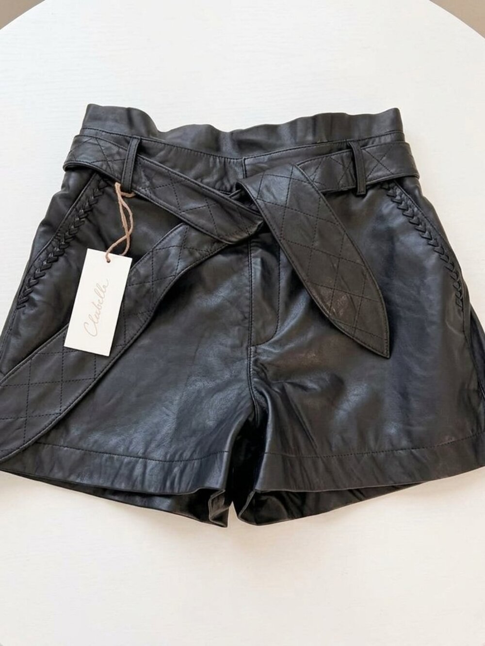 NWT Cleobella Alva Black Sheep Leather Paperbag Shorts Size S